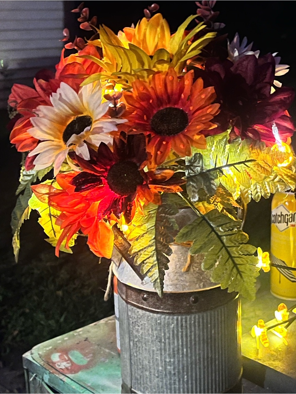 Hand Crafted Orange, Yellow & White Sunflower Arrangement in Metal Pitcher